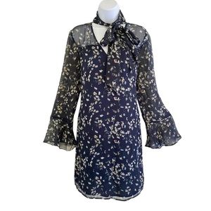 CeCe Blue Floral Dress Chiffon Tie Neck Long Sleeve Shift Dress